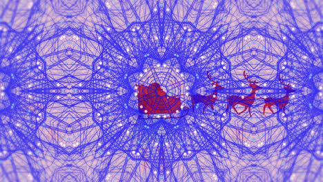 animation of santa claus in sleigh with reindeer moving over kaleidoscopic blue shapes