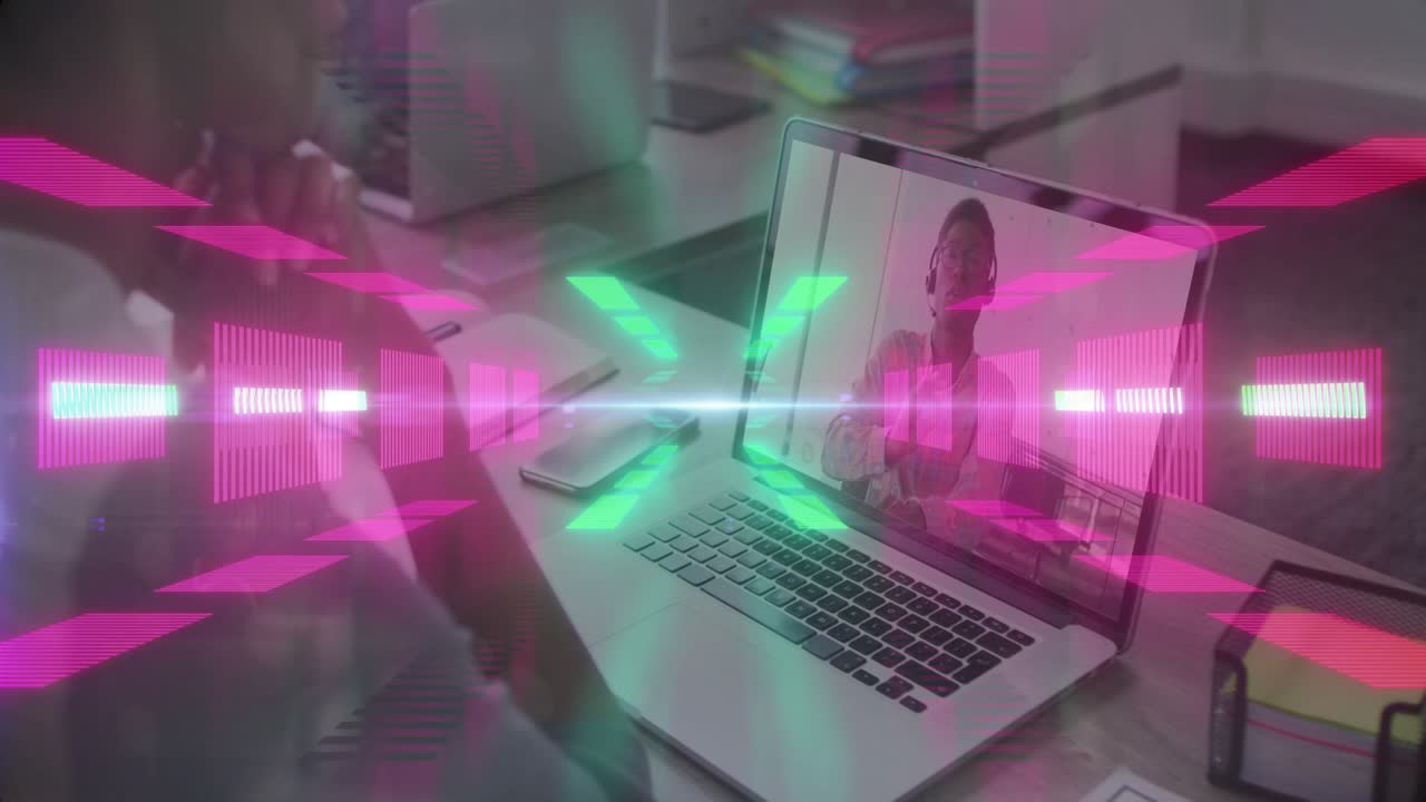 Incoming business call causing neon bars pulsing over laptop showing woman gesturing, collaborating