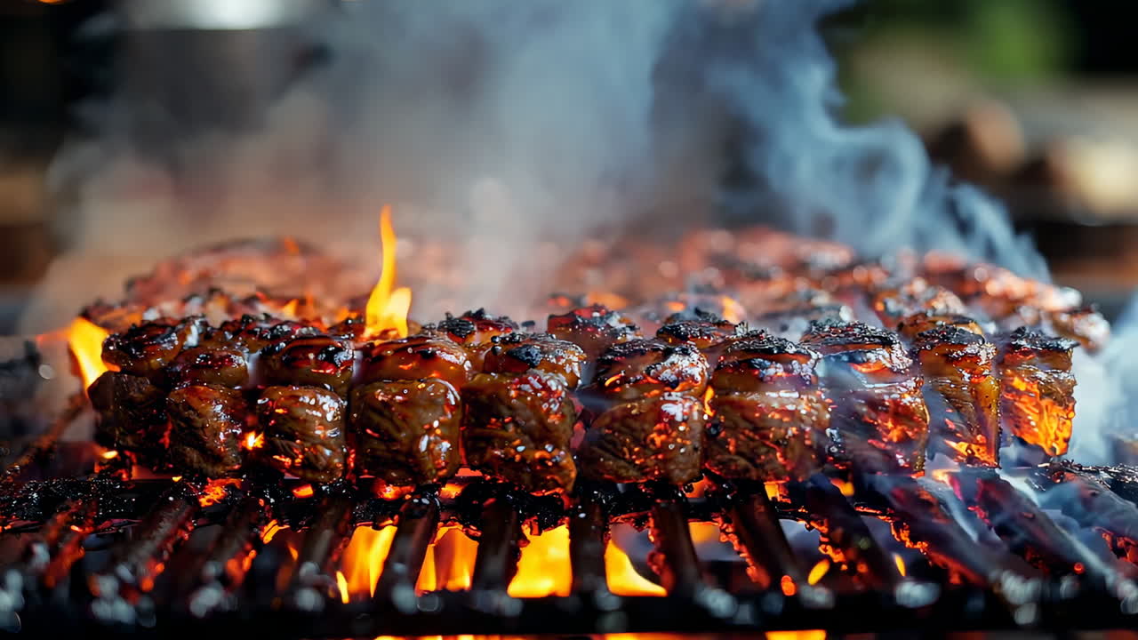 Grilling Juicy Steaks Over Open Flames at a Summer Barbecue. Sizzling steaks cook perfectly over an open flame, surrounded by a vibrant summer atmosphere with smoke and glowing embers.