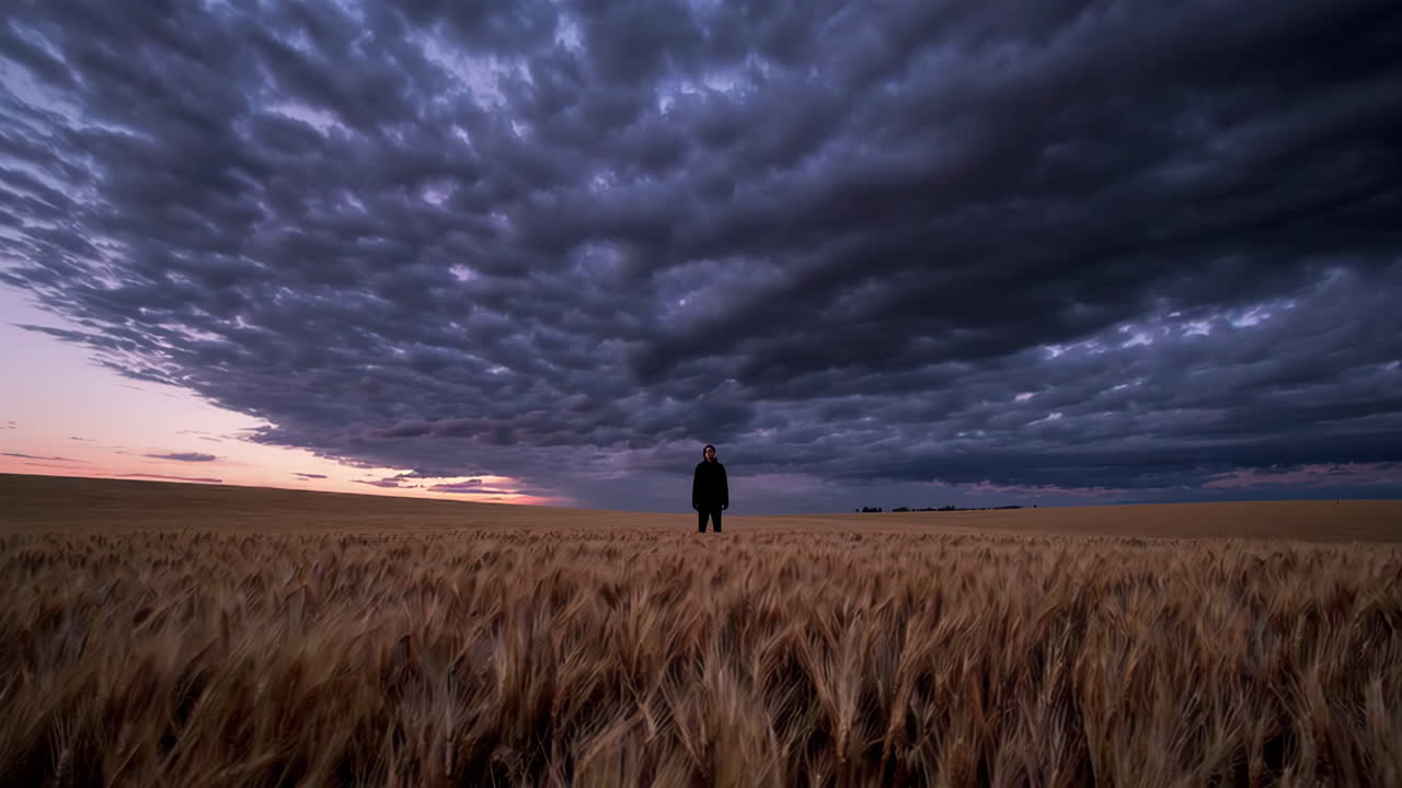 Person Standing in a Wheat Field at Sunset with Storm Clouds