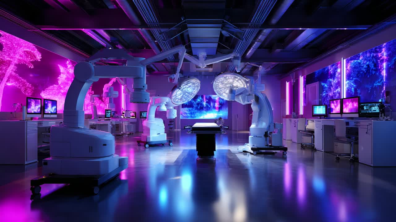 A Futuristic Surgical Room Setting Showcasing Advanced Robotic Equipment and Vibrant Lighting, Designed to Enhance the Medical Procedures and Patient Care Experience in a High-Tech Environment
