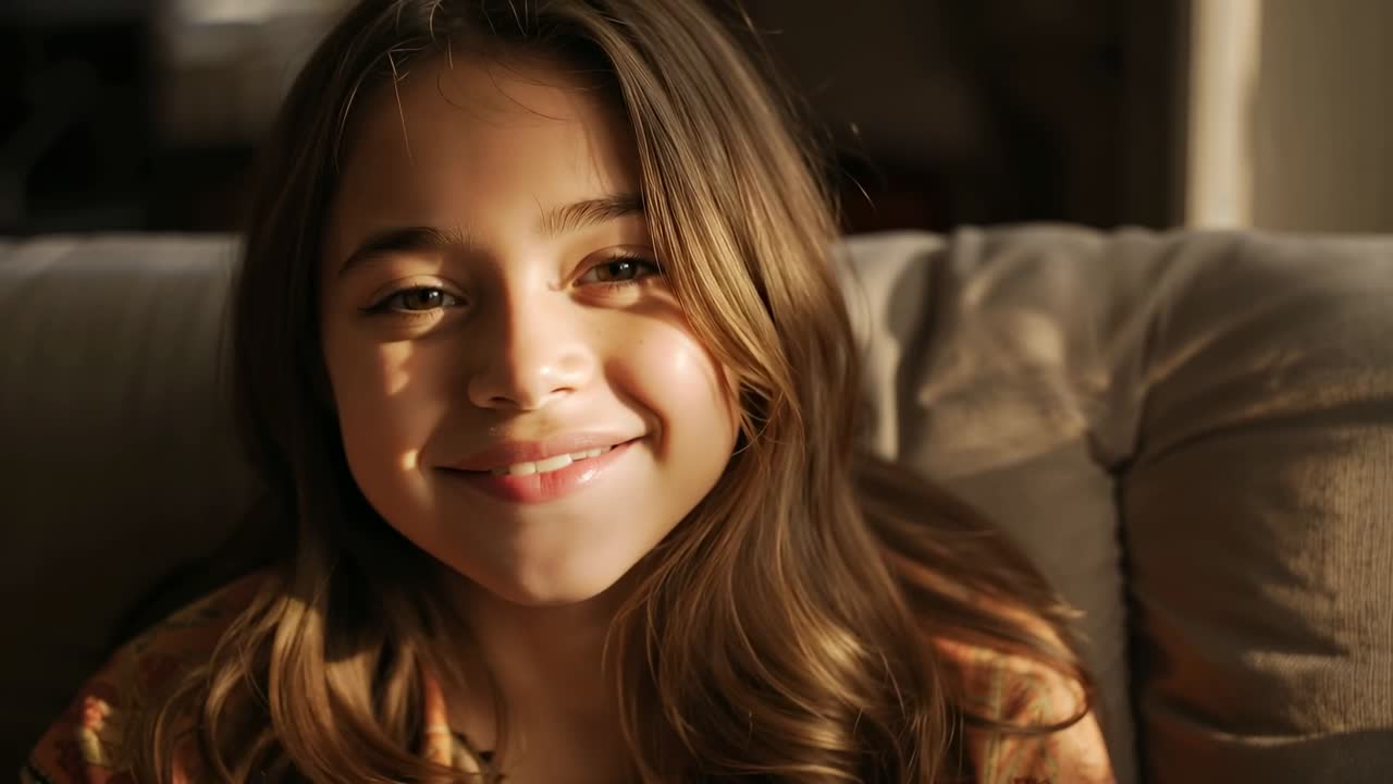 Menina sorrindo reagindo a uma gravação, sentada no sofá, com a luz da janela iluminando blusa estampada e pingente