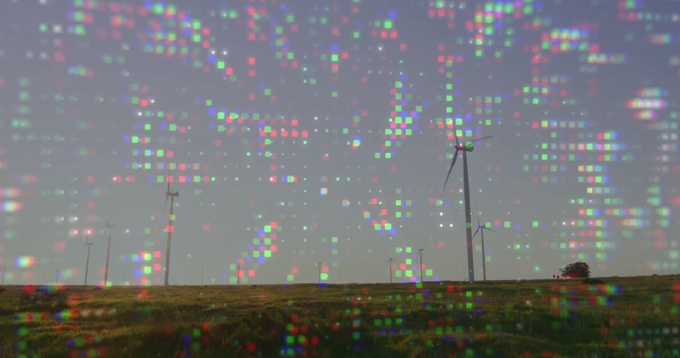 Video verticale: punti che appaiono, si raggruppano, nascondendo le turbine; pale che girano, mostrando il rumore del sensore