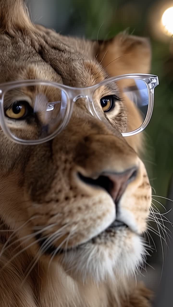 Un leone maestoso che indossa occhiali eleganti, catturando la miscela unica di bellezza selvaggia e modernità in un ritratto ravvicinato di questo animale iconico.