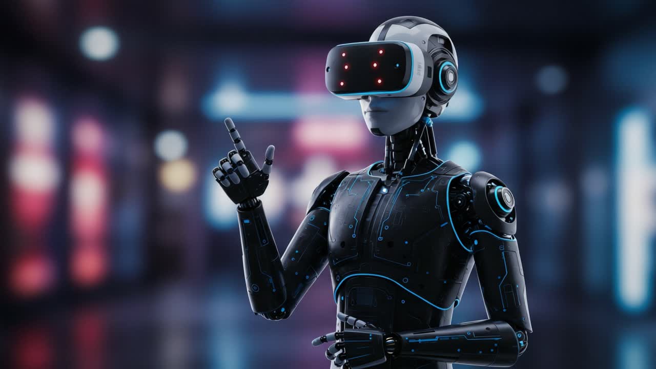 A futuristic humanoid robot wearing virtual reality goggles gestures with one finger while immersed in a digital environment, showcasing advanced technology and AI capabilities