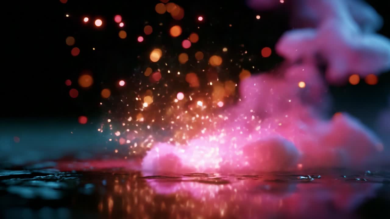 A mesmerizing display of vibrant pink smoke billowing and sparkling against a dark backdrop, highlighting an enchanting mix of colors and dynamic motion that captures the essence of creativity and wonder