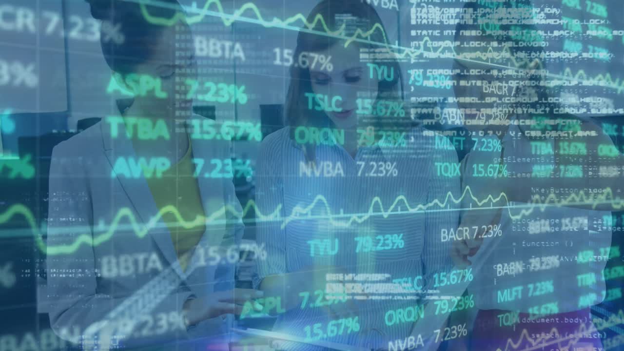 Animation of stock market over diverse business people