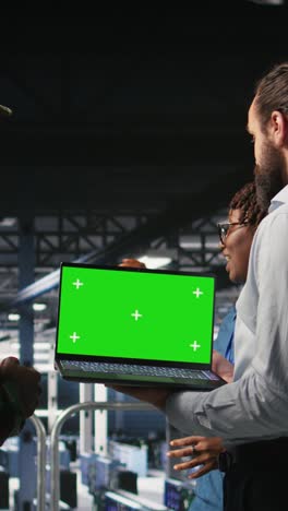 vertical video army tech specialist in data center and coworkers using green screen laptop