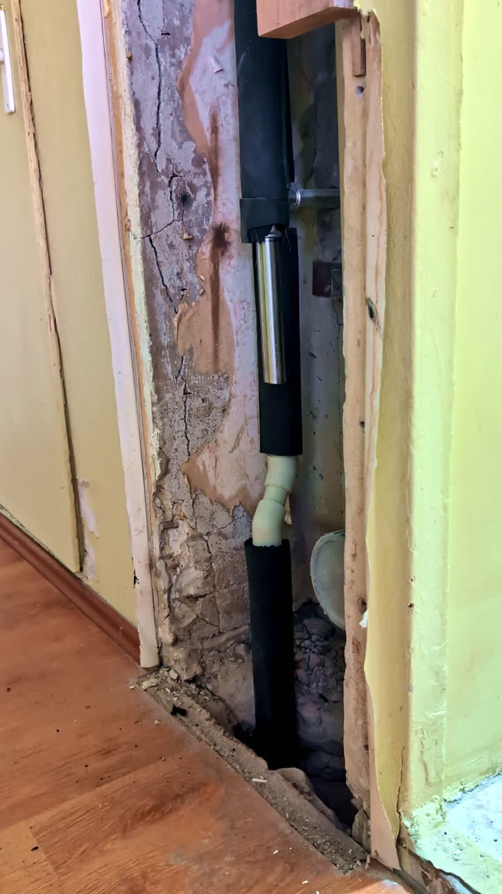 Vertical View Of Exposed Plumbing Within A Wall To Be Undergoing Repair