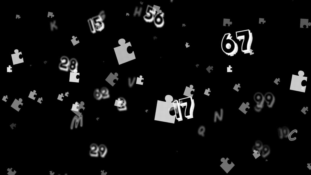 Animation of puzzles and numbers floating over black background