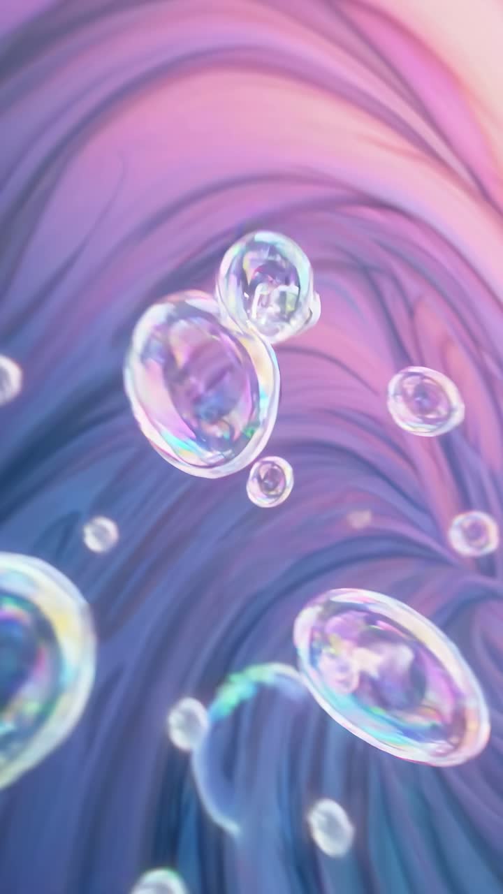A mesmerizing video of iridescent bubbles floating against a swirling, colorful vortex