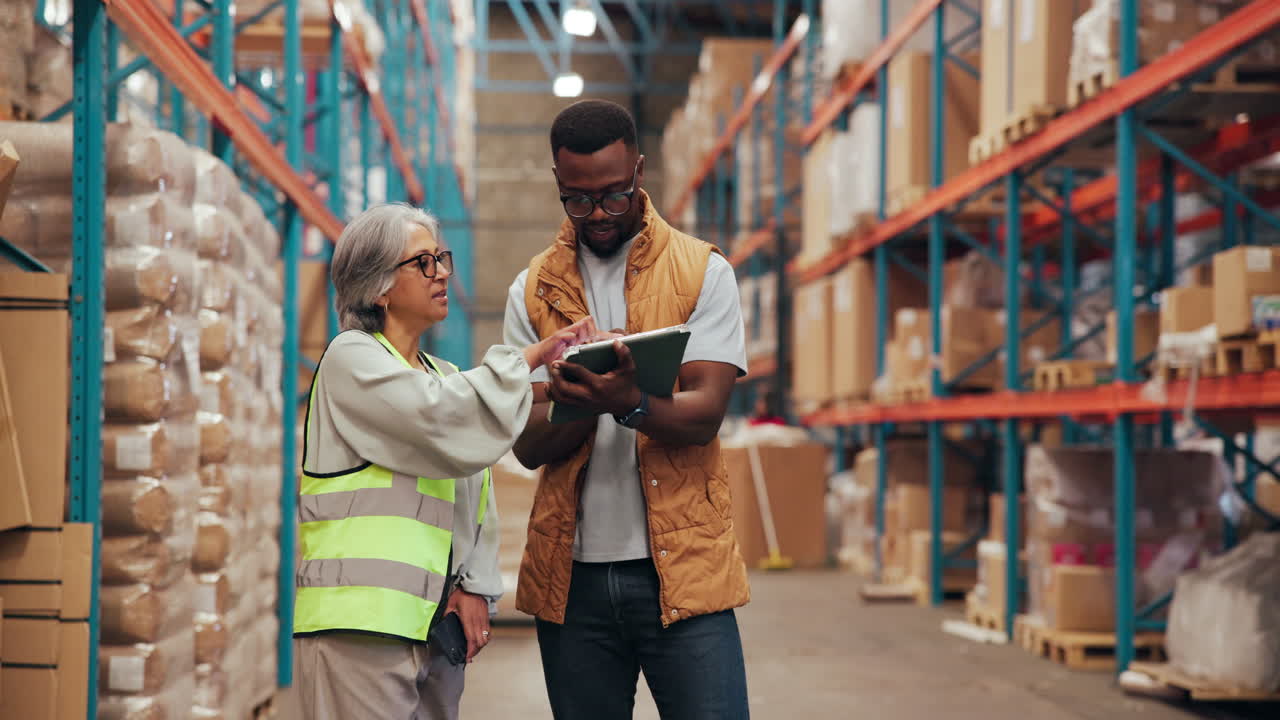 Twee diverse medewerkers bespreken inventaris en logistiek in een magazijn