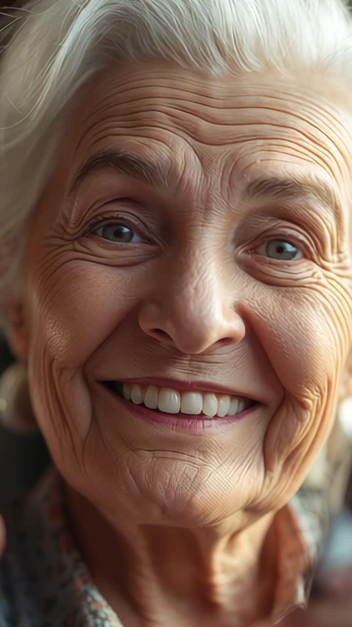 Vertical video: Smiling woman closing eyes and savoring moment at home, wearing pearl earrings