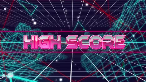 animation of glitch effect over high score text banner, triangular shapes and metaverse structures