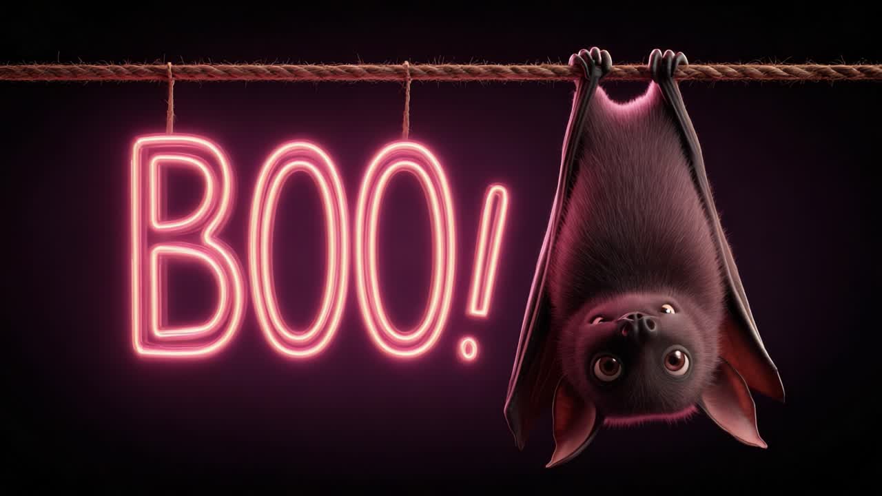 A cute bat hanging upside down beneath glowing pink letters spelling 'BOO!' creates a playful and whimsical atmosphere, perfect for Halloween-themed decorations or festive celebrations
