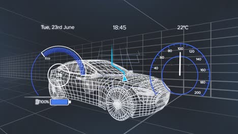 Animación-De-Velocímetro,-GPS-Y-Datos-De-Estado-De-Carga-En-La-Interfaz-Del-Vehículo,-Sobre-Un-Modelo-De-Automóvil-En-3D.
