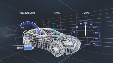 animation of speedometer, gps and charge status data on vehicle interface, over 3d car model