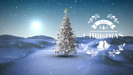 Animation-of-christmas-greetings-over-winter-landscape-background-with-christmas-tree