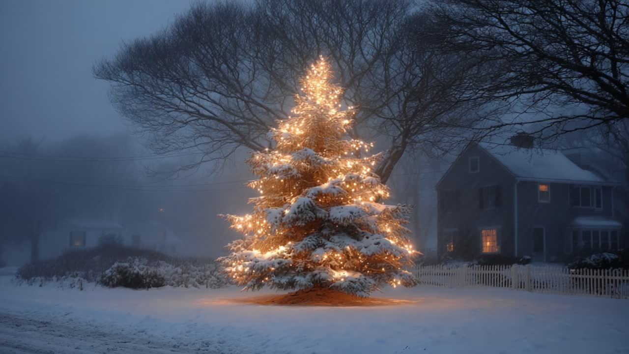 A Stunning Winter Scene Featuring a Beautifully Lit Christmas Tree Amidst a Snowy Landscape, Creating a Magical Atmosphere in the Early Evening Glow