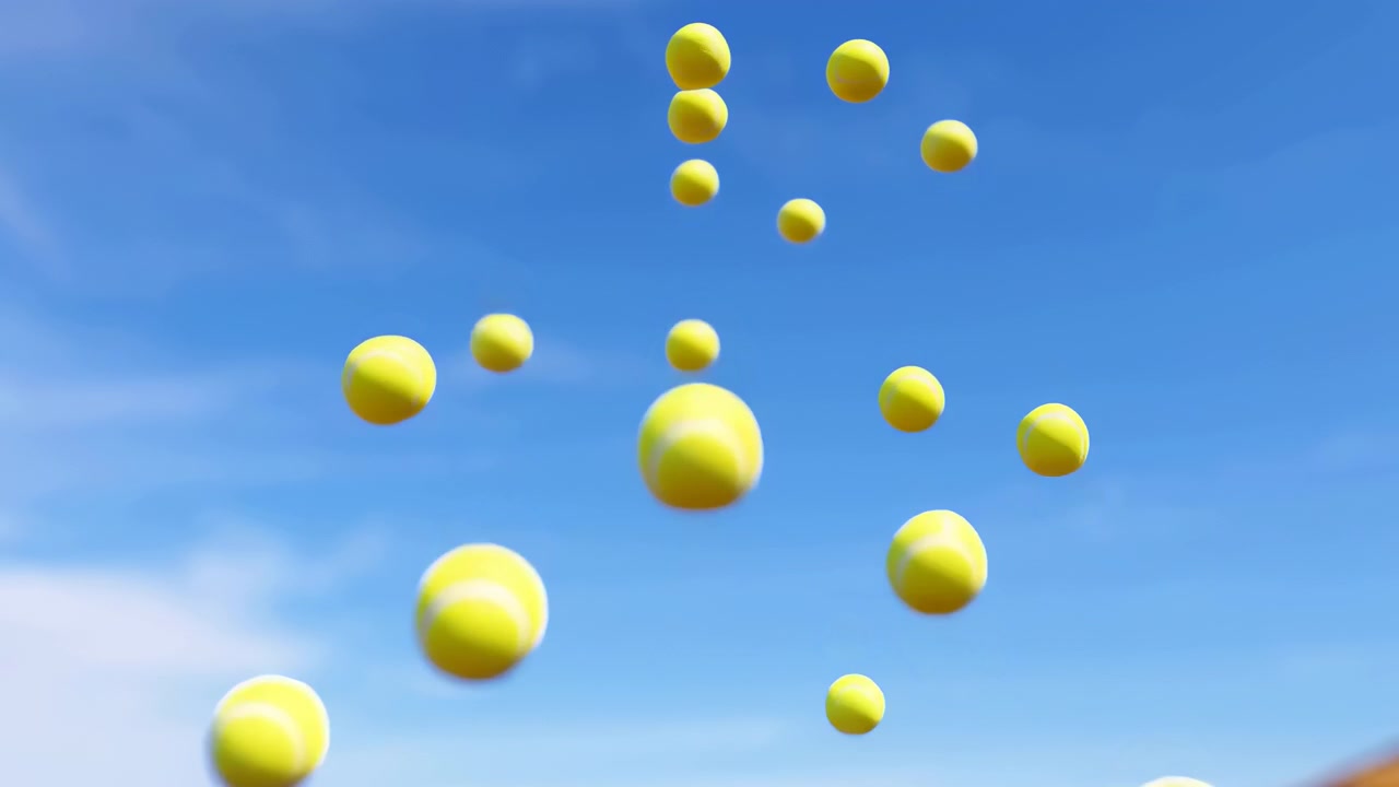 Beberapa bola tenis kuning melayang melintasi langit biru cerah dengan jarak berlapis, fokus lembut selektif, cahaya siang yang terang, dan kontras warna yang tajam, menciptakan ritme visual sporty yang bersih, menampilkan tenis dan bola.