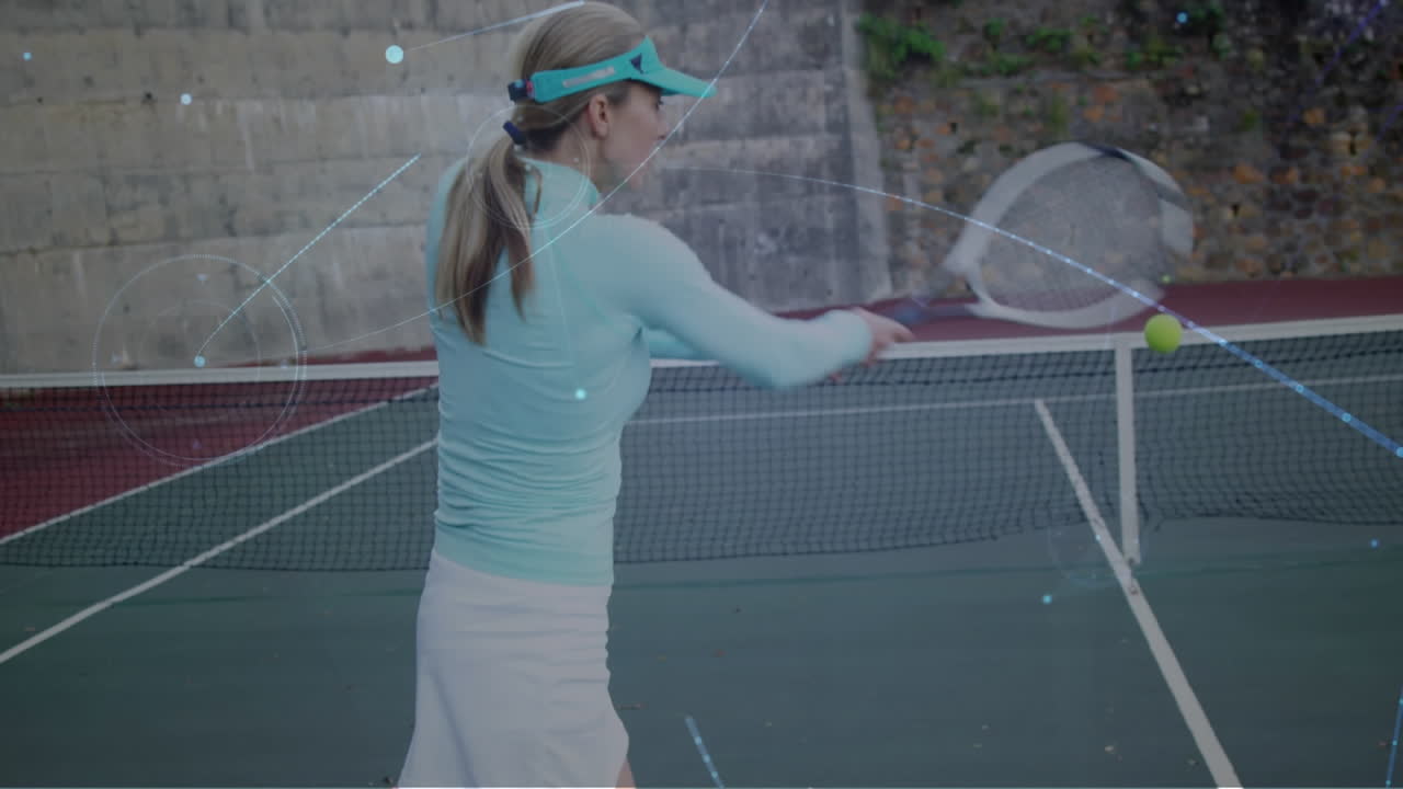 테니스 코트에서 여성 테니스 선수에 대한 연결 네트워크의 애니메이션