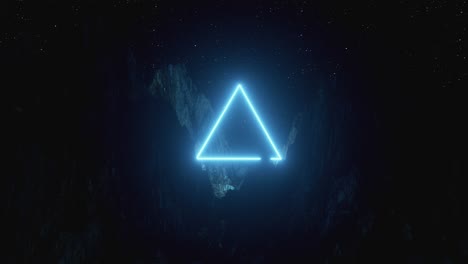 glowing neon triangle in space mountains