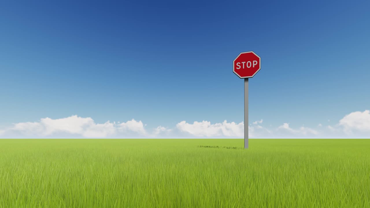 시골의 도로 표지판을 멈추십시오. 실용적인 교통 안전 규칙 표지판은 푸른 하늘 배경의 녹색 필드에서 움직임 금지, 제한 개념 루프 영상입니다.