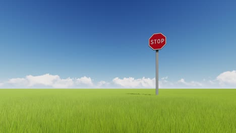 stoppschild auf dem land nahtlose animation. realistisches verkehrssicherheitsregeln-symbol in grünem feld mit blauem himmel-hintergrund. bewegungsverbot, einschränkungskonzept schleifenmaterial