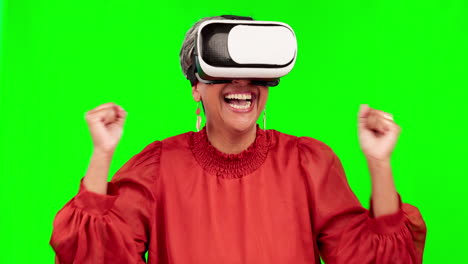 VR,-glasses-and-woman-or-winner-on-green-screen