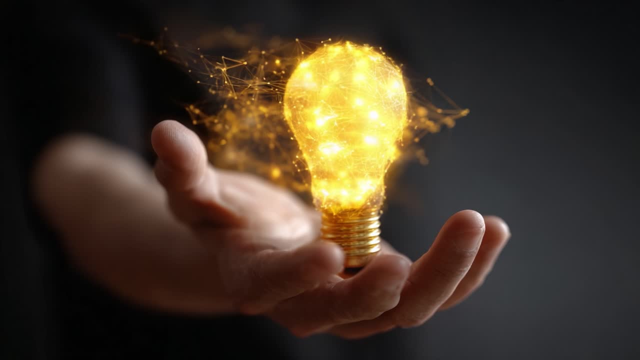 A Glowing Lightbulb Emerges from a Hand, Symbolizing Creativity, Innovation, and the Power of Ideas in a Magical and Inspiring Visual Representation of Thought