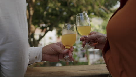 an adult couple celebrates with two cocktail glasses outside in nature