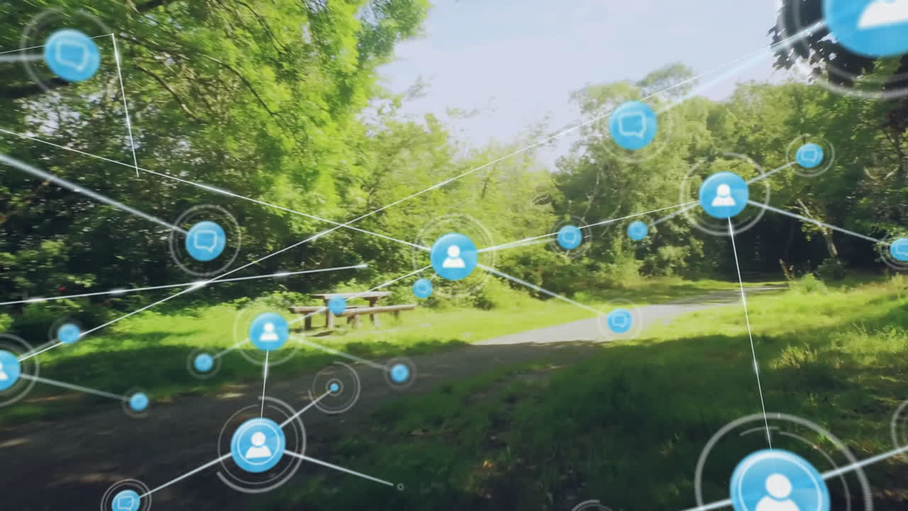 Flat design network overlay spreading across park pathway featuring blue user chat icons connected