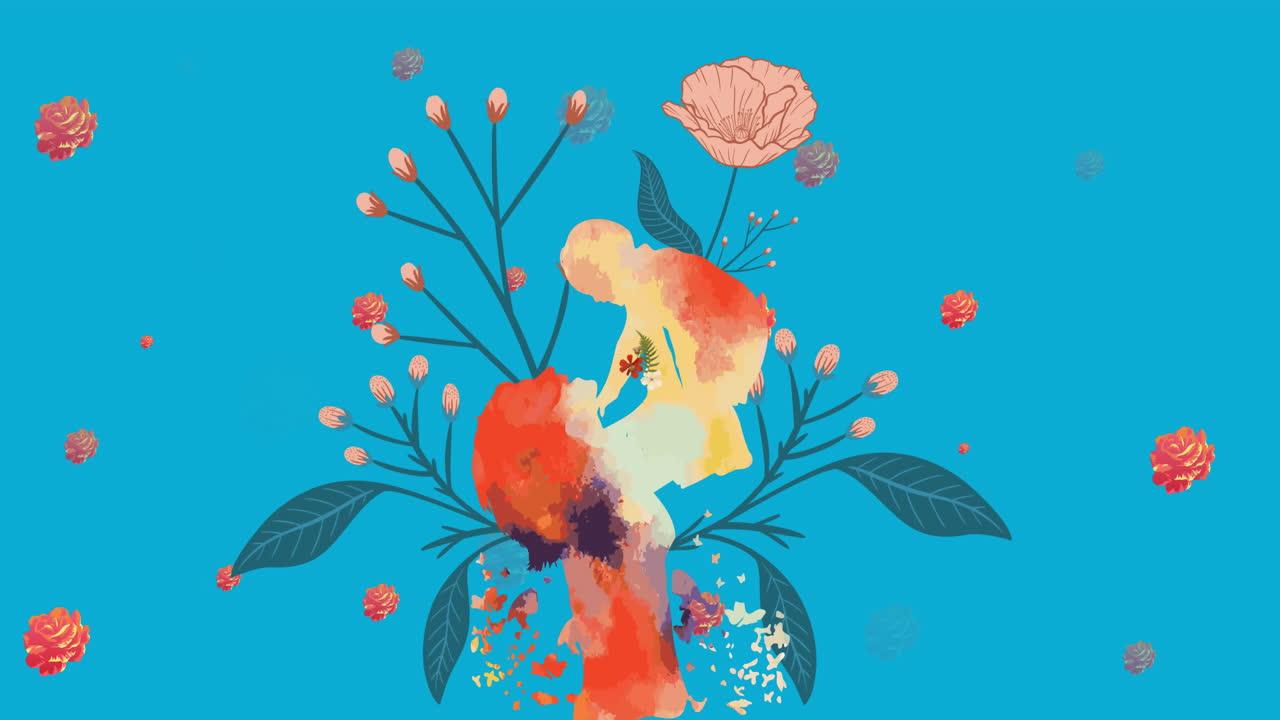 анимация матери и ребенка, цветы, вращающиеся в гипнотическом движении на синем фоне