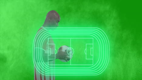 animation of neon stadium over biracial male soccer player holding football