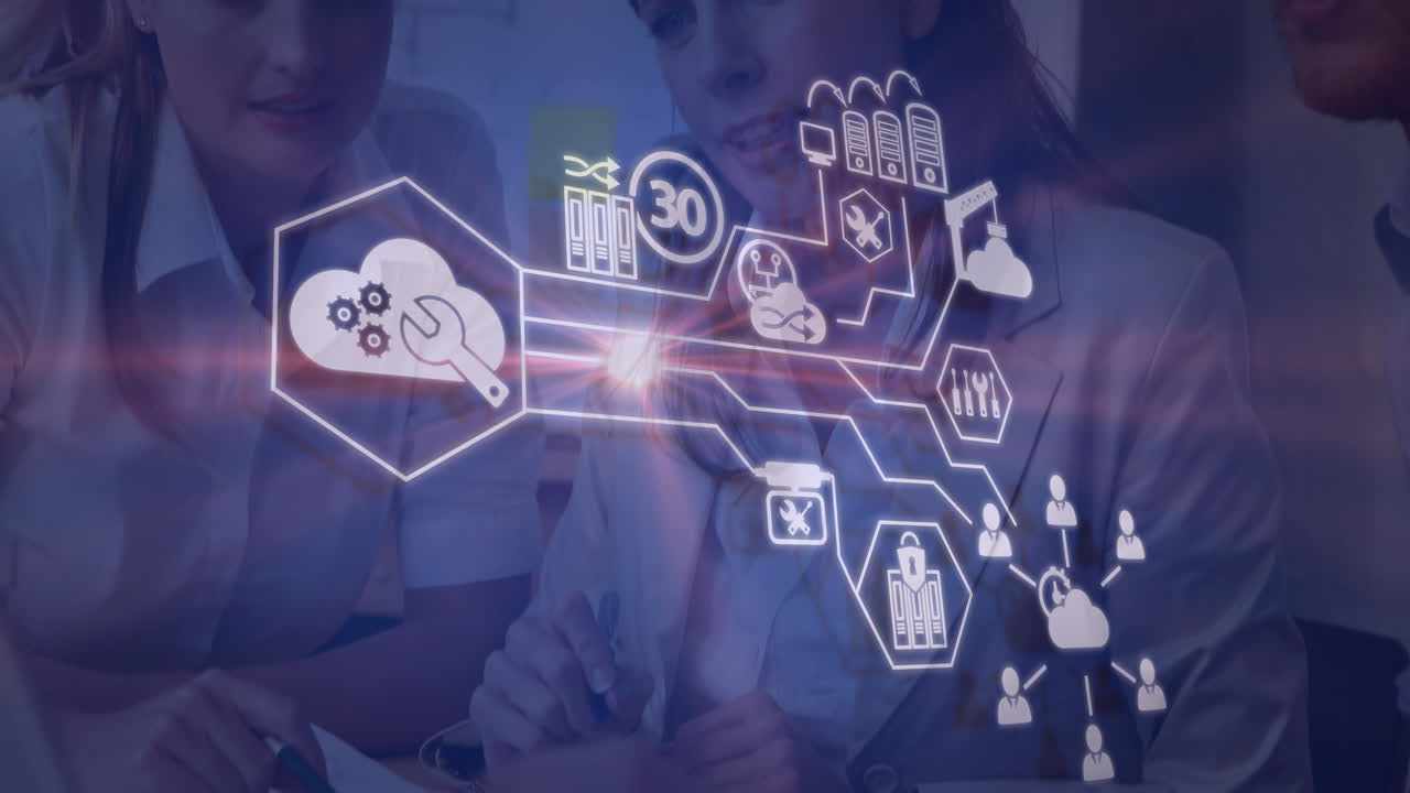 animación de iconos de la tecnología sobre empresarios caucásicos en la oficina