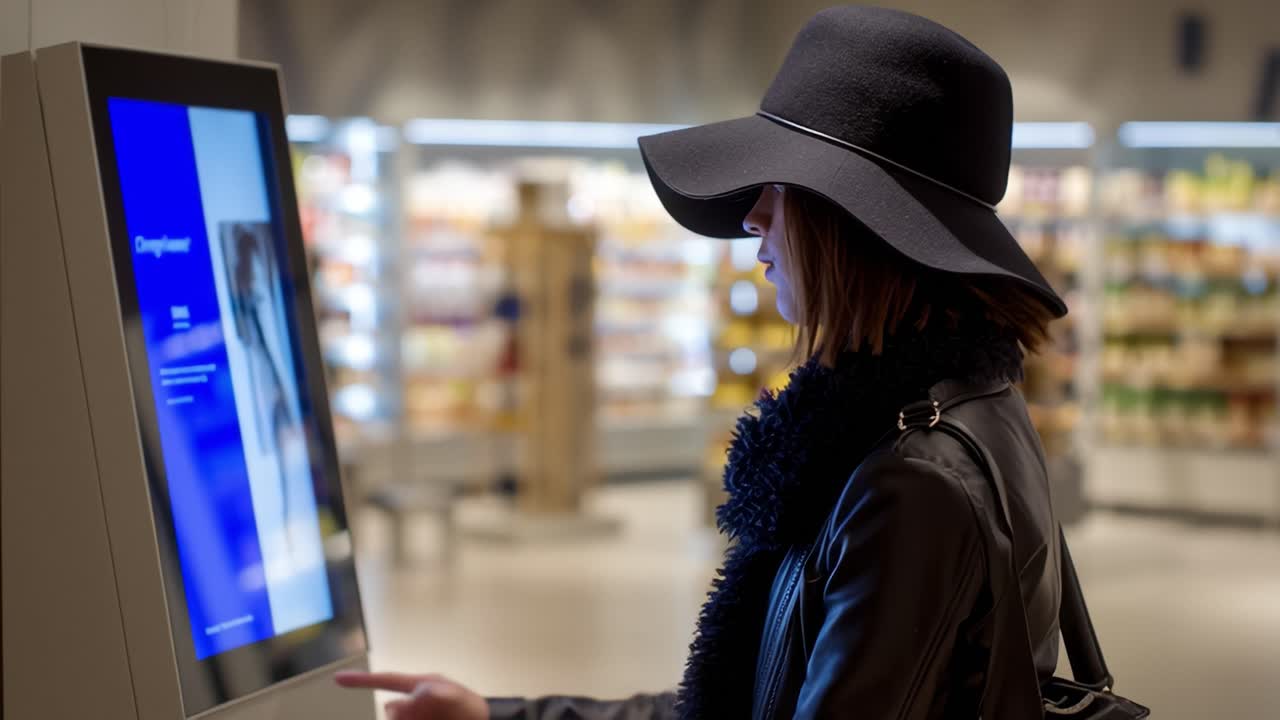 A fashionable woman engages with a high-tech display in a store, showcasing her style and curiosity amidst a backdrop of organized product displays for an immersive shopping experience