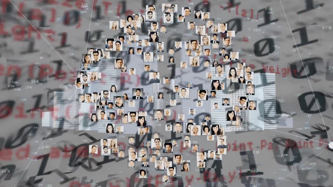 데이터 처리를 통해 사람들의 사진을 가진 연결 네트워크의 애니메이션