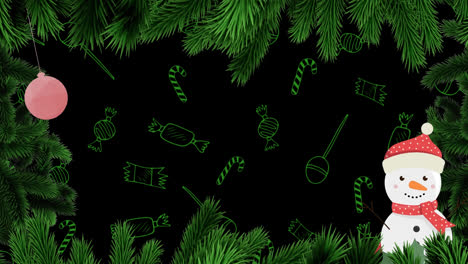 animation of fir trees and christmas decorations over candys