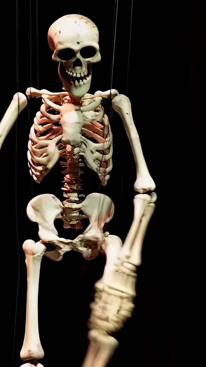 Vertical video: Pulling strings skeleton puppet swinging twisting and settling on stage for show