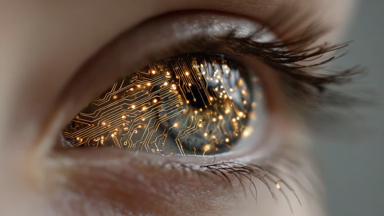 A Glimpse into the Future: The Eye as a Portal to Technology with Glowing Circuitry Reflected Inside, Bridging the Worlds of Biology and Innovation