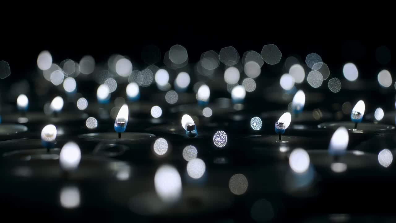 Pin LED blu raggruppati e tremolanti che si spostano luccicando su un vassoio scuro, inquadratura ravvicinata con effetto bokeh