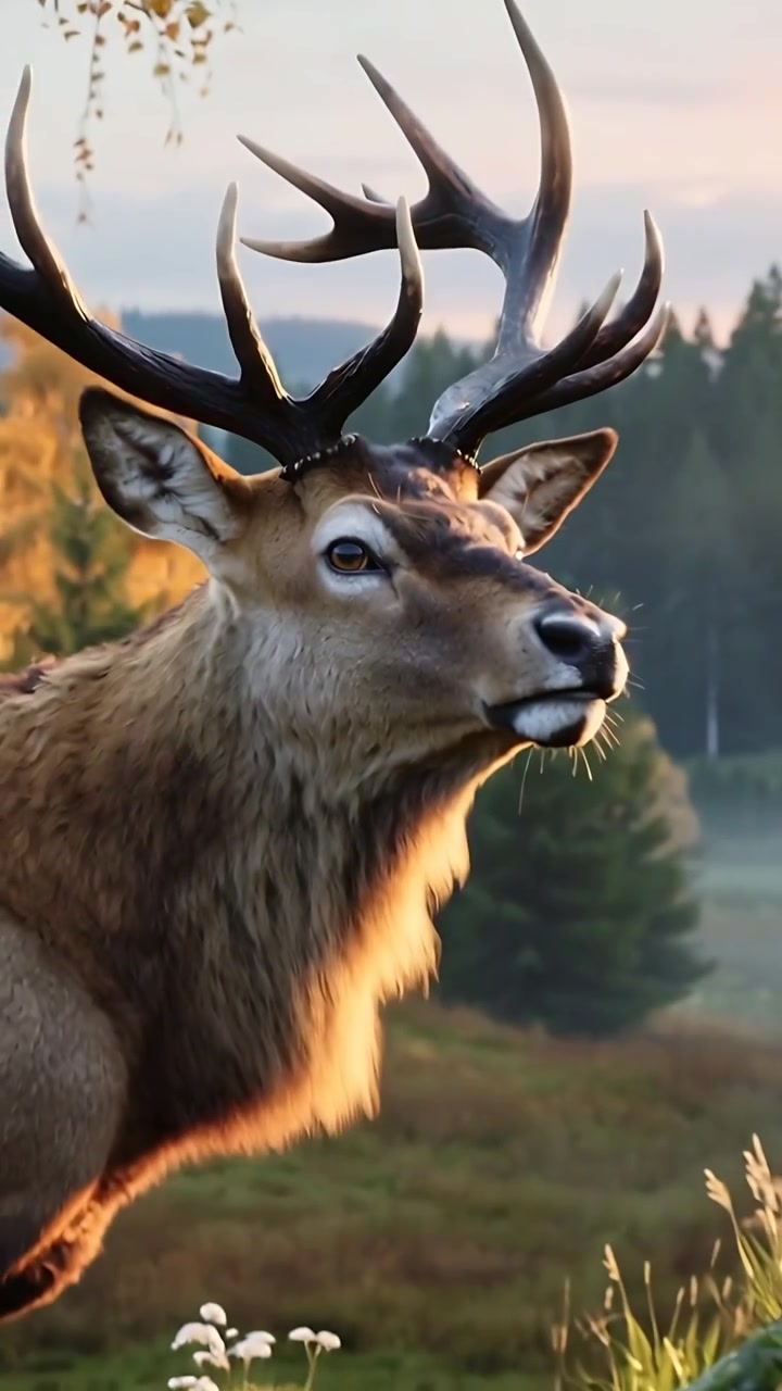 Vertical video: Pullback showing stag stepping and scanning clearing on rocky outcrop with antlers