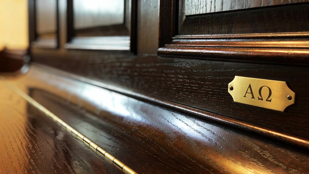 Câmera mudando e focando ao longo da frente escura de um piano na sala de estar, mostrando uma placa de latão "Alpha Omega".