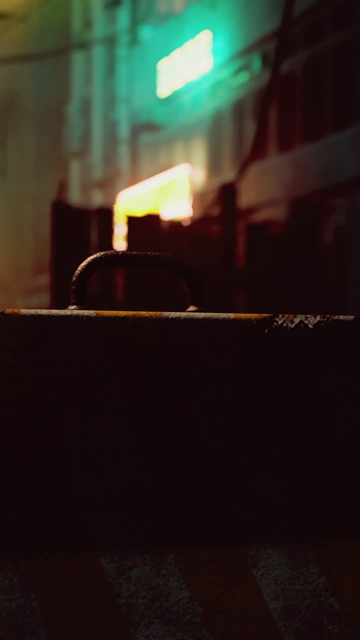 Urban alley at night illuminated by neon lights with construction materials