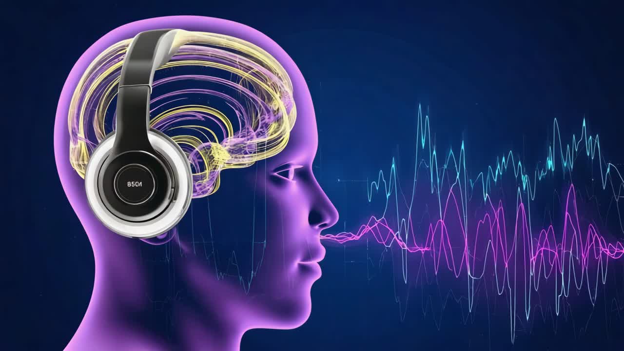 Head with headphones and sound waves