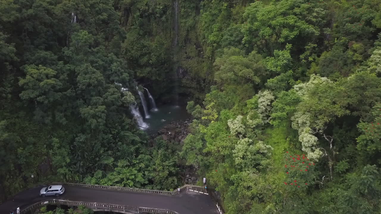Slowly rising above a deep hidden jungle waterfall below the winding narrow Hana Hwy, aerial