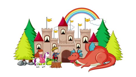 a princess and dragon near a castle