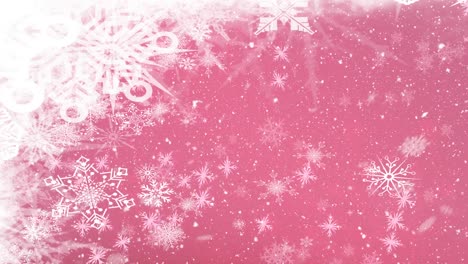 Animation-Von-Schnee,-Der-Zu-Weihnachten-über-Schneeflocken-Fällt,-Auf-Rosa-Hintergrund