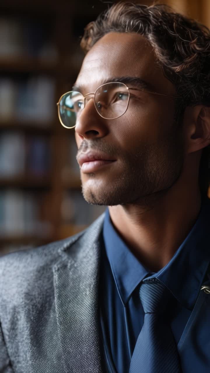 Cavalheiro Pensativo de Óculos: Um Retrato que Captura a Essência da Elegância e Sabedoria em um Cenário de Biblioteca com Iluminação Suave e um Clima Reflexivo