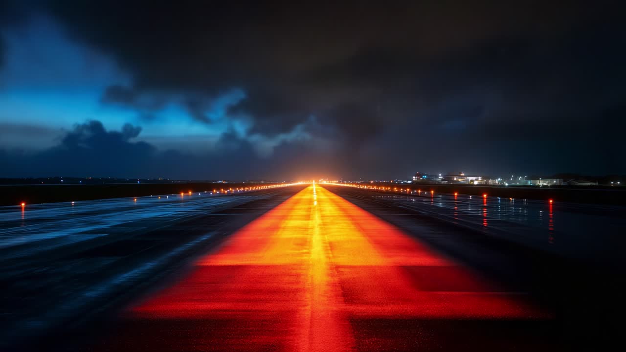Illuminated runway at dusk, reflecting vibrant colors against wet asphalt, showcasing lights and clouds above, while creating a captivating view of an airport scene